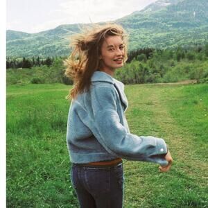 New Anthropologie Sherpa Swan Ultra Soft Coat by FRNCH $198 Blue MEDIUM